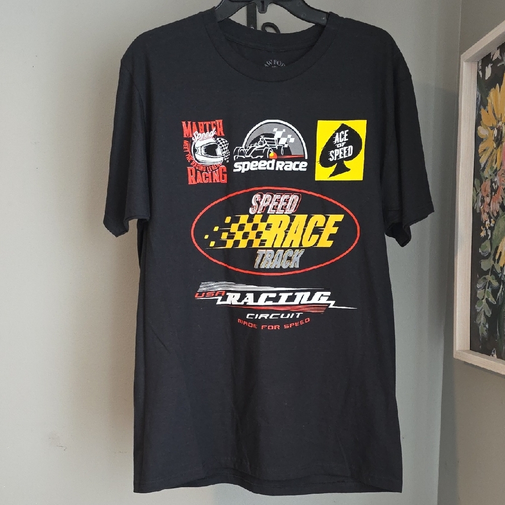 Speed Race Track Black Graphic Tee Men's Large NWOT 100% Cotton